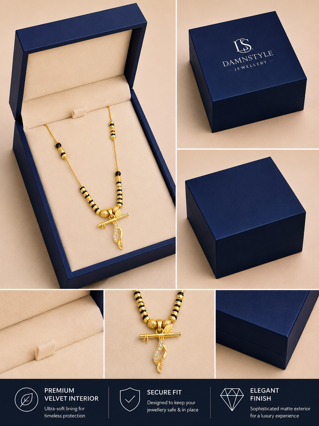 Damnstyle Women's Gold Plated Black Bead Mangalsutra with Flute