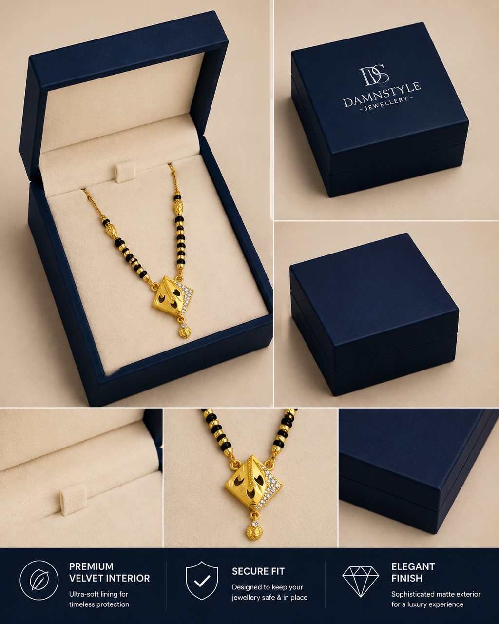 Damnstyle Gold Plated Black Bead Mangalsutra Pendant Necklace for Women