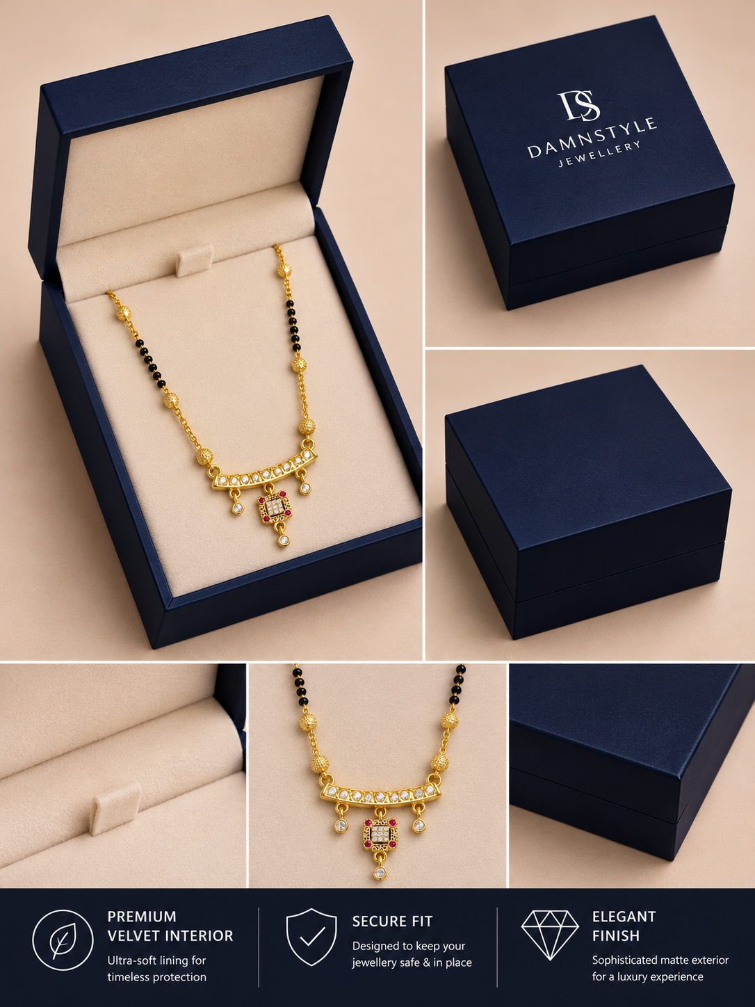 Damnstyle Gold Plated Black Bead Ruby CZ Mangalsutra for Women