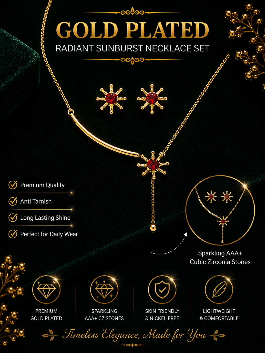 Damnstyle Necklace Anti-Tarnish Miniature Crystal Studded Sun Pendant Set With Earrings