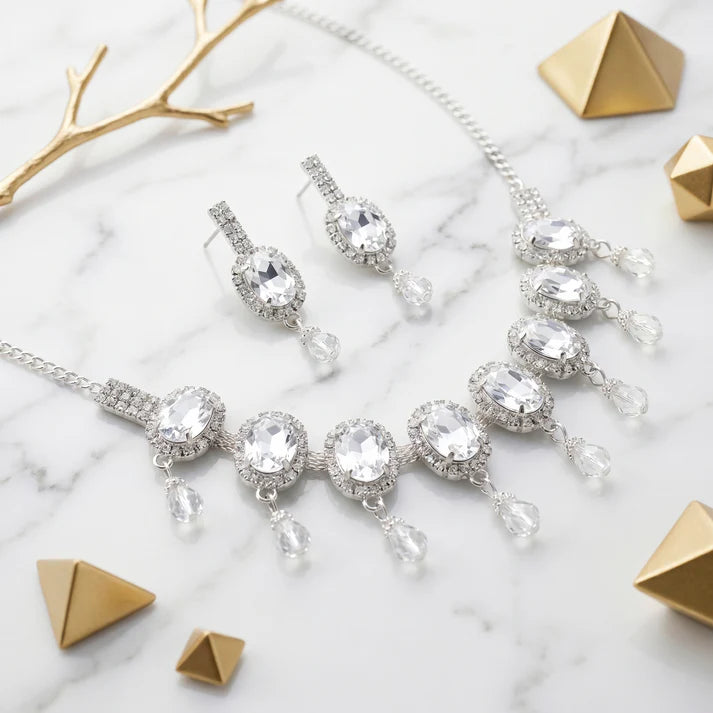 Damnstyle Anti-Tarnish White Crystal Gemstone Set With Earrings