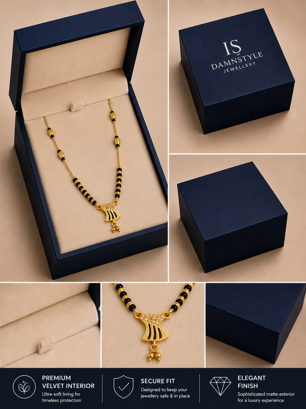 Damnstyle Women's Gold Plated Black Bead Mangalsutra with Pendant