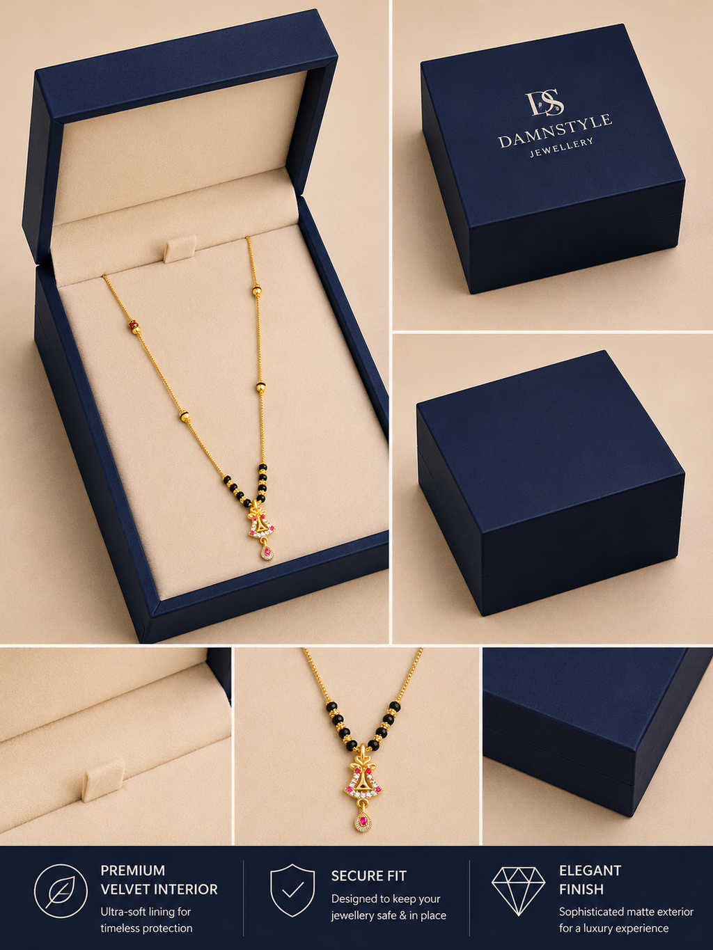 Damnstyle Women's Gold Plated Black Bead Mangalsutra with Floral Pendant