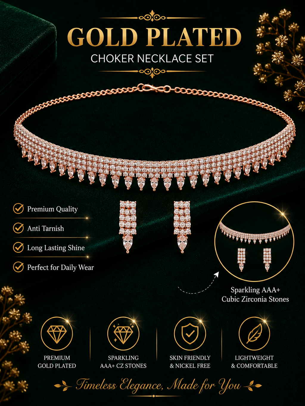 Damnstyle Necklace Anti-Tarnish Rhinestone & Baguette Choker Set With Earrings