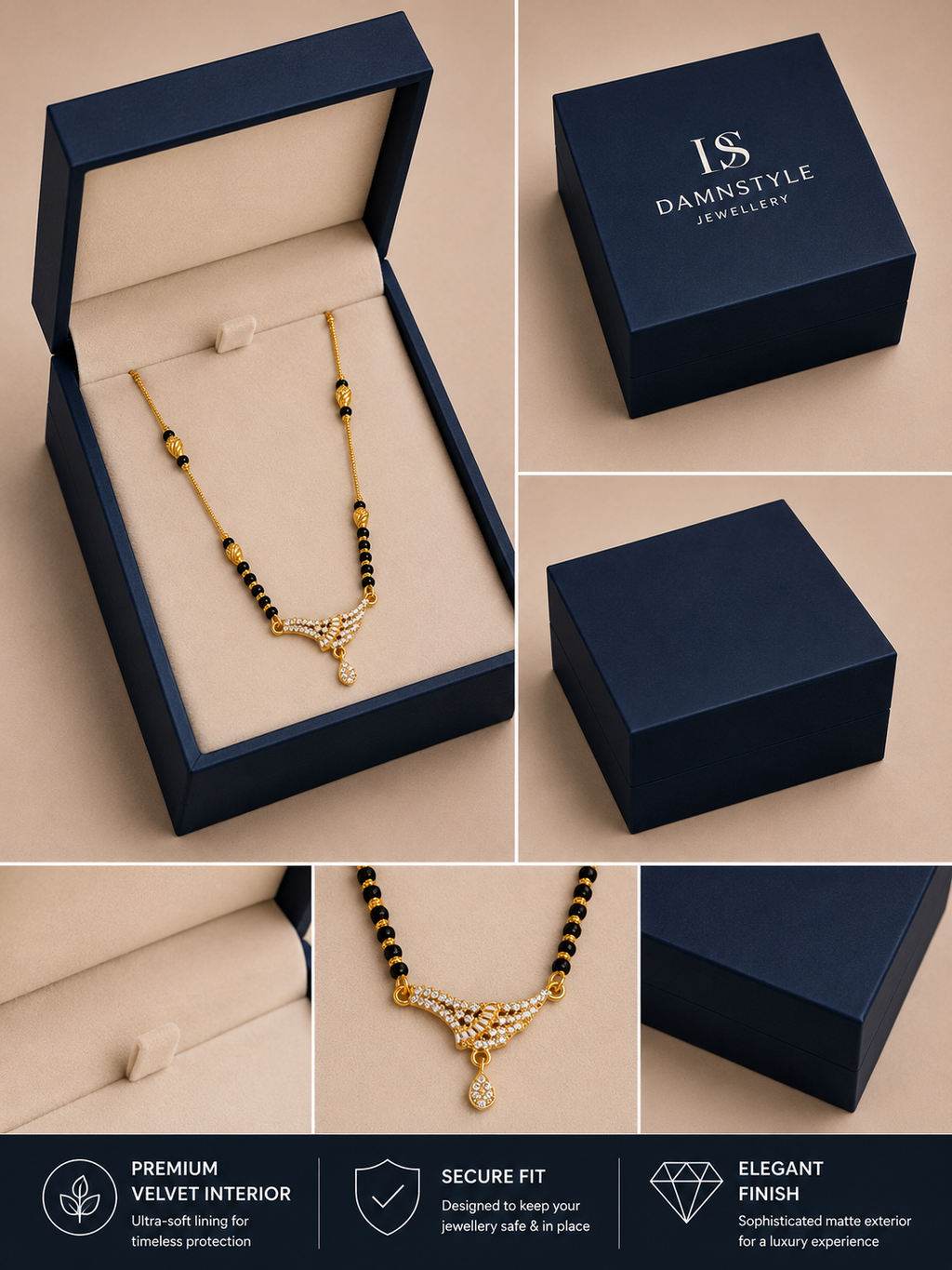Damnstyle Gold Plated CZ Black Bead Mangalsutra Necklace for Women