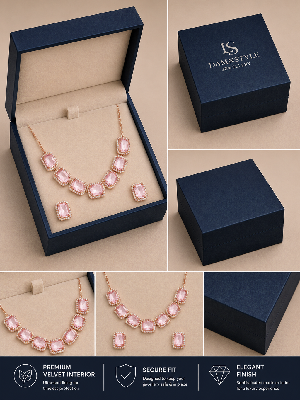 Damnstyle Necklace Anti-Tarnish Soft Pink Rectangle Crystal Set With Earrings