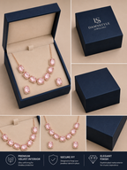 Damnstyle Necklace Anti-Tarnish Soft Pink Rectangle Crystal Set With Earrings