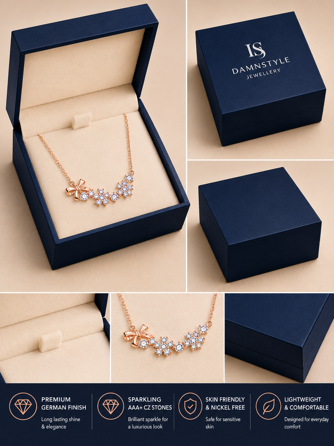 Damnstyle Rose Gold-Plated American Diamond Studded Bow-Tie Pendant