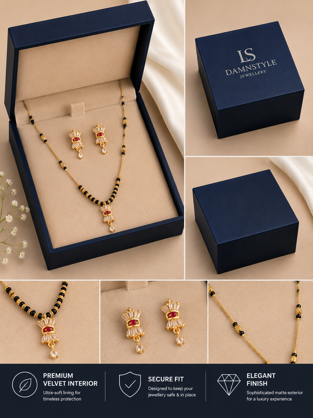 Damnstyle Gold Plated Black Bead CZ Studded Mangalsutra for Women