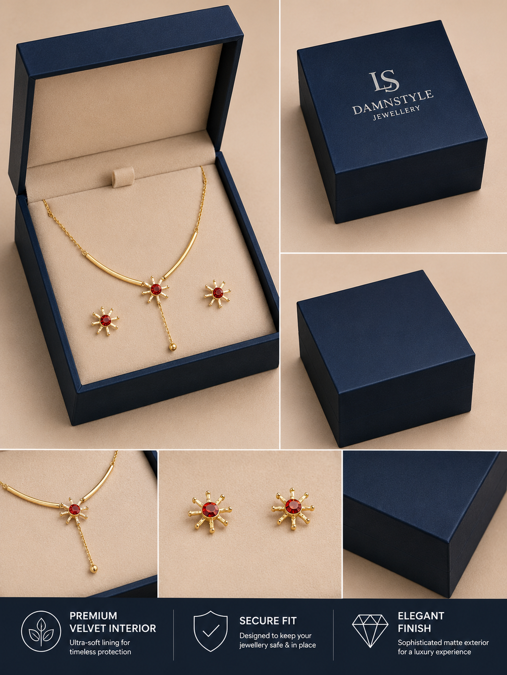 Damnstyle Necklace Anti-Tarnish Miniature Crystal Studded Sun Pendant Set With Earrings