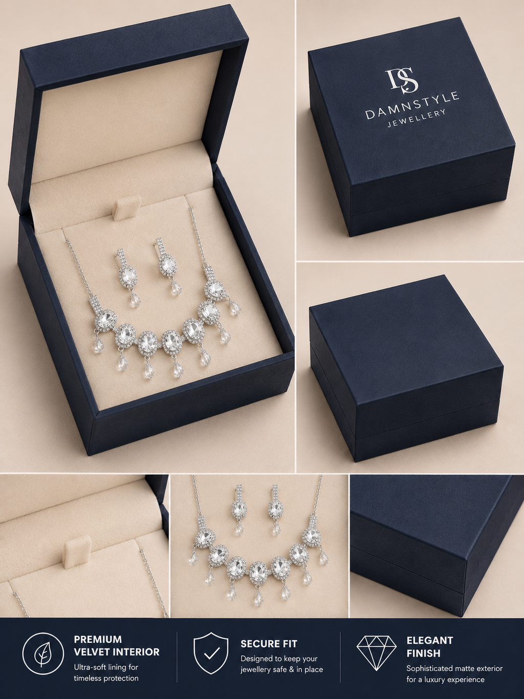 Damnstyle Anti-Tarnish White Crystal Gemstone Set With Earrings