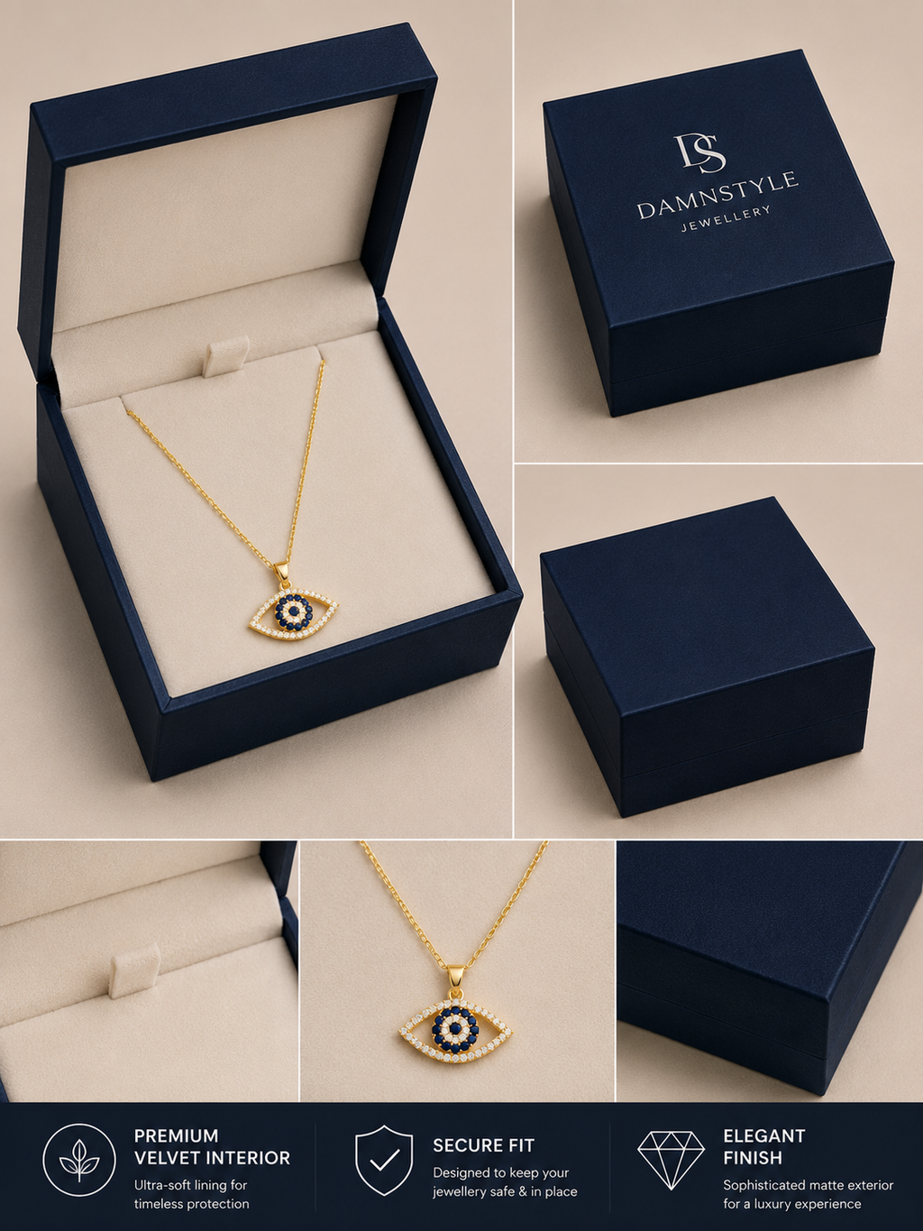 Damnstyle Gold-Plated Stainless Steel American Diamond Studded Evil Eye Pendant