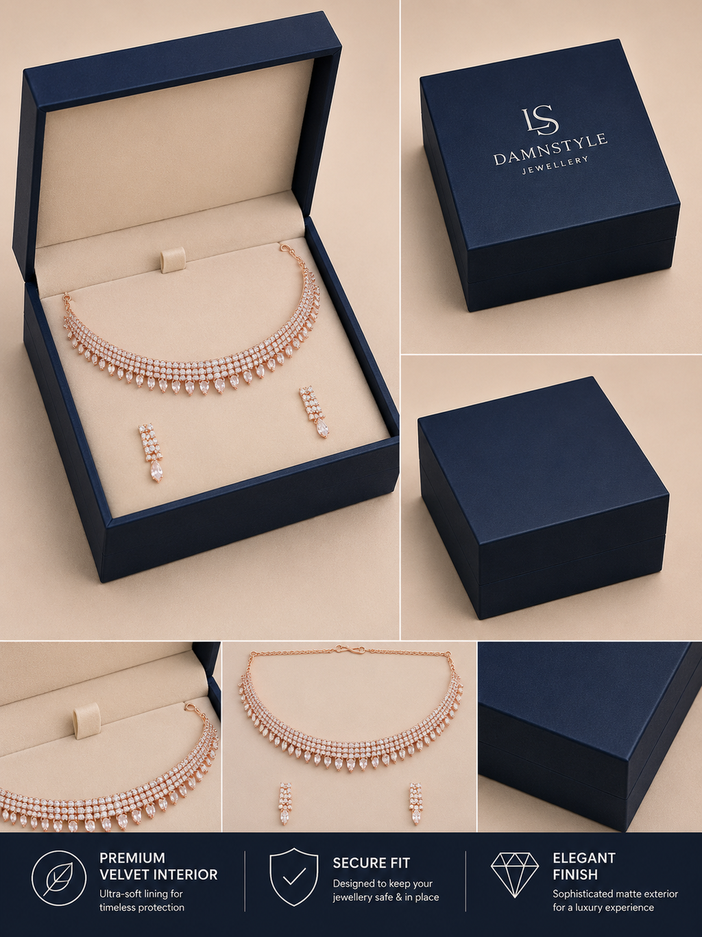 Damnstyle Necklace Anti-Tarnish Rhinestone & Baguette Choker Set With Earrings