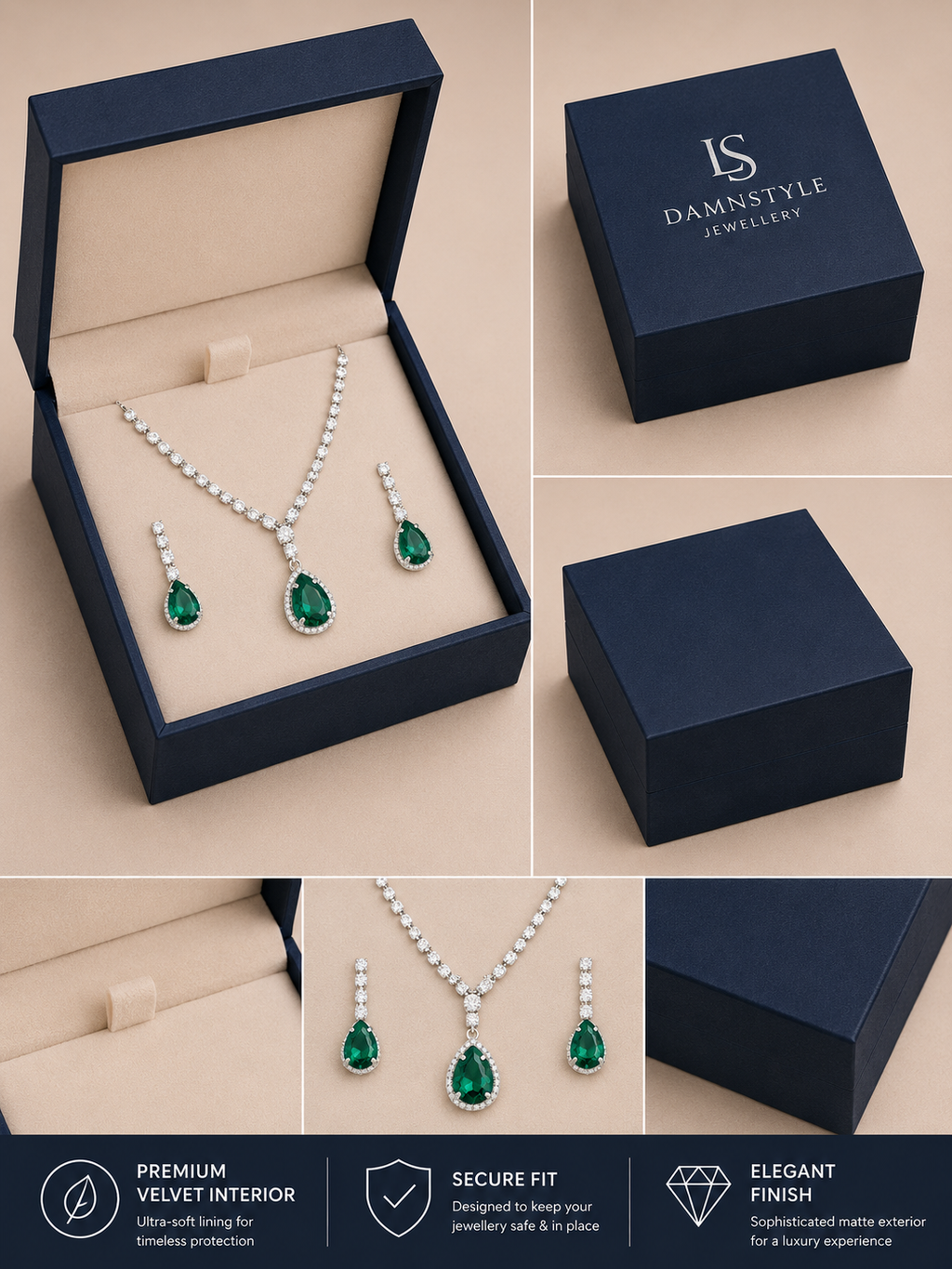 Damnstyle Necklace Anti-Tarnish Emerald Teardrop Crystal Set With Earrings