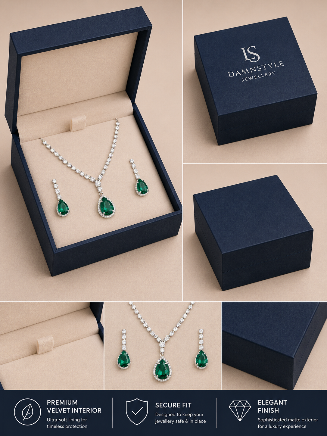 Damnstyle Necklace Anti-Tarnish Emerald Teardrop Crystal Set With Earrings