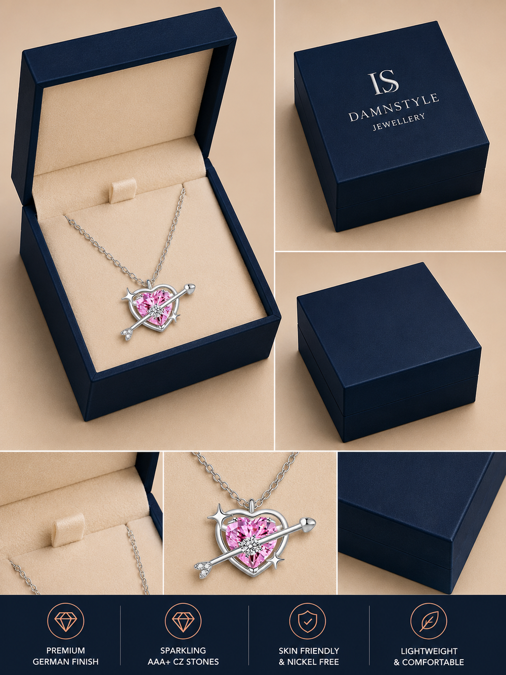 Damnstyle Silver-Plated AD Studded Pink Heart Pendant