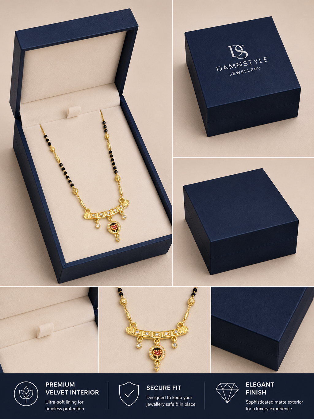 Damnstyle Gold Plated Black Bead Heart Charm Mangalsutra for Women