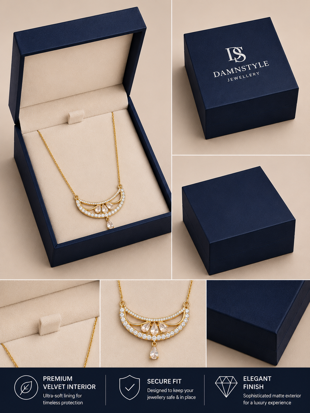 Luxury Gold Tone CZ Crescent Pendant Necklace for Women & Girls