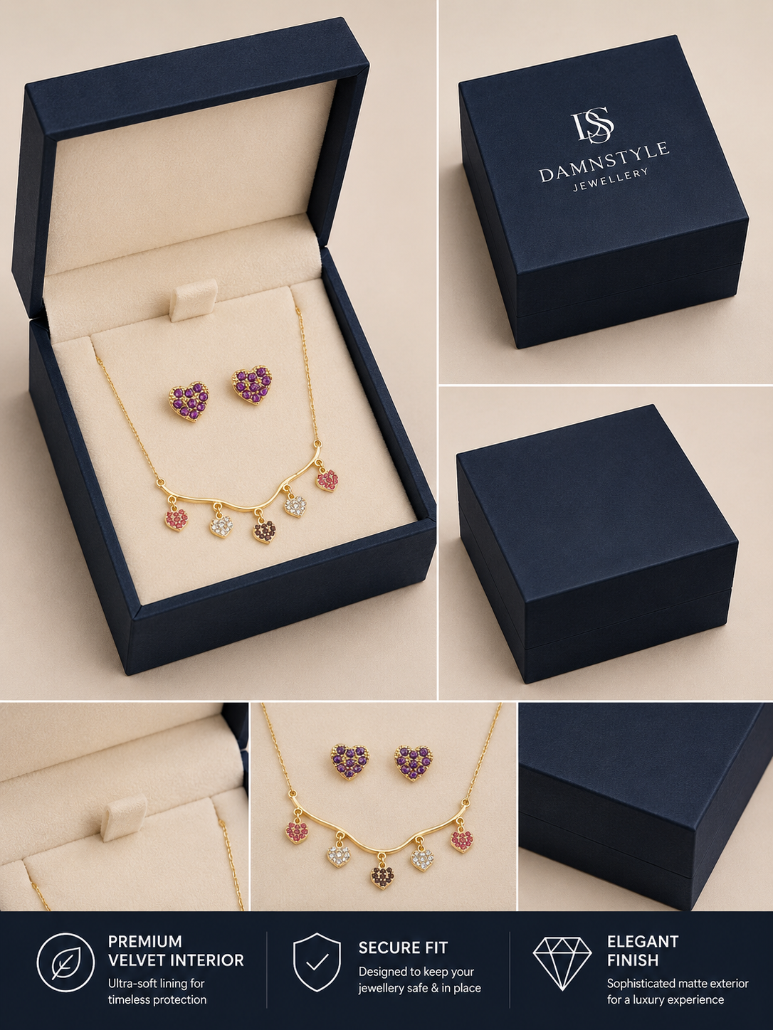 Damnstyle Anti-Tarnish Mini Heart Charms Jewellery Set With Earring