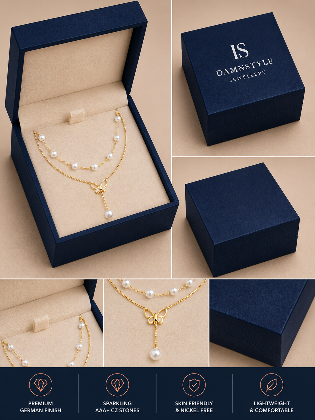 Damnstyle Gold-Plated Stainless Steel Pearl Studded Butterfly Pendant
